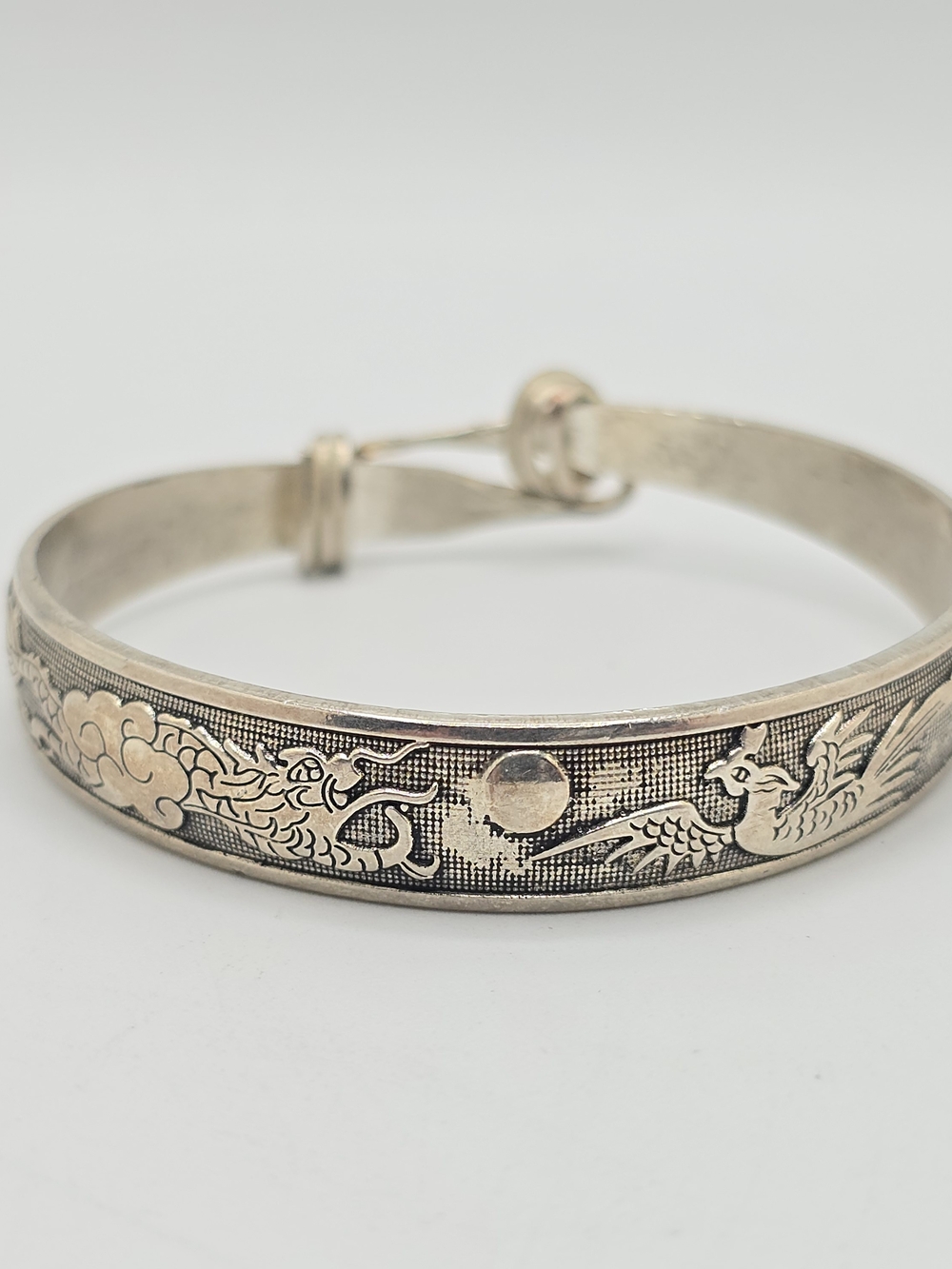 Dragon Phoenix Bangle Bracelet Chinese Silver Tone Hook Closure 7.25" Vintage